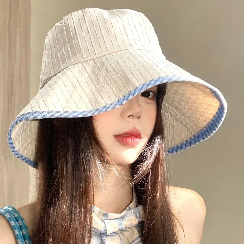

Japanese Simple Plaid Bucket Hat for Women Spring and Summer Outdoor Large Brim Shade Sun Shade Windproof Lace-up Sun Caps