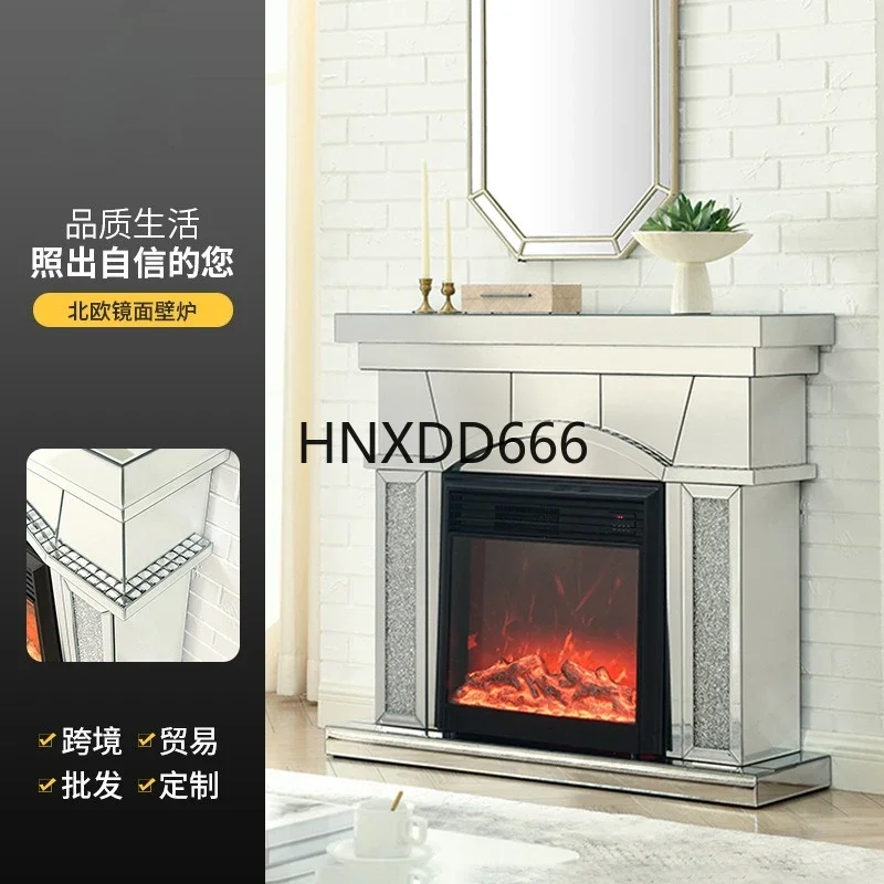 Diamond-encrusted silver mirror fireplace simulation fire fireplace electronic creative light luxury Nordic living room