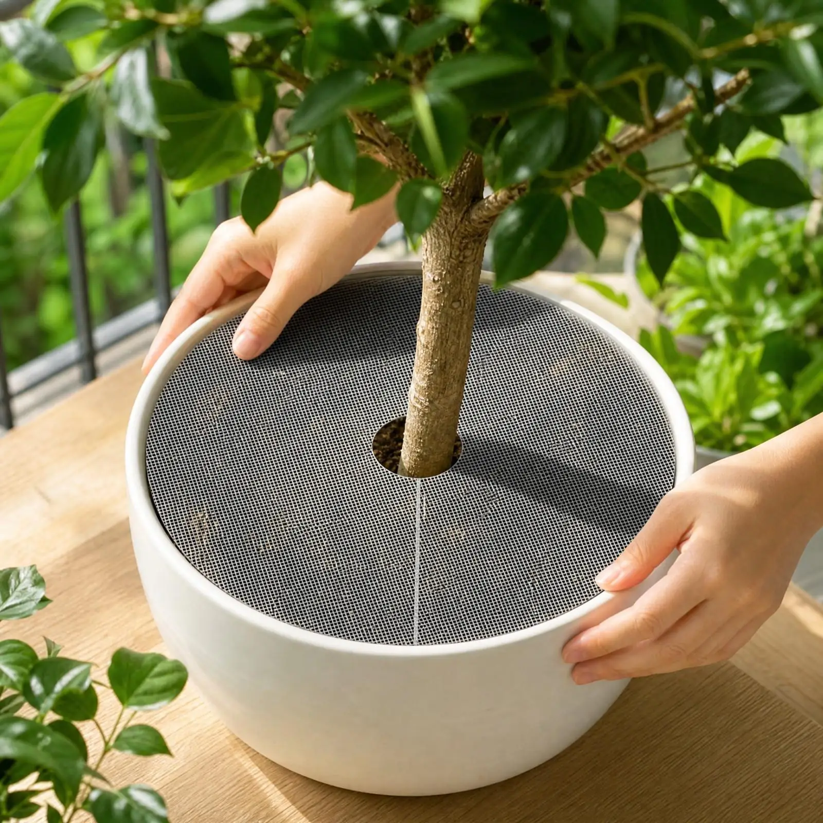 Breathable Tesslin Flowerpot Soil Cover for Round Planters with Center Opening for Garden Use