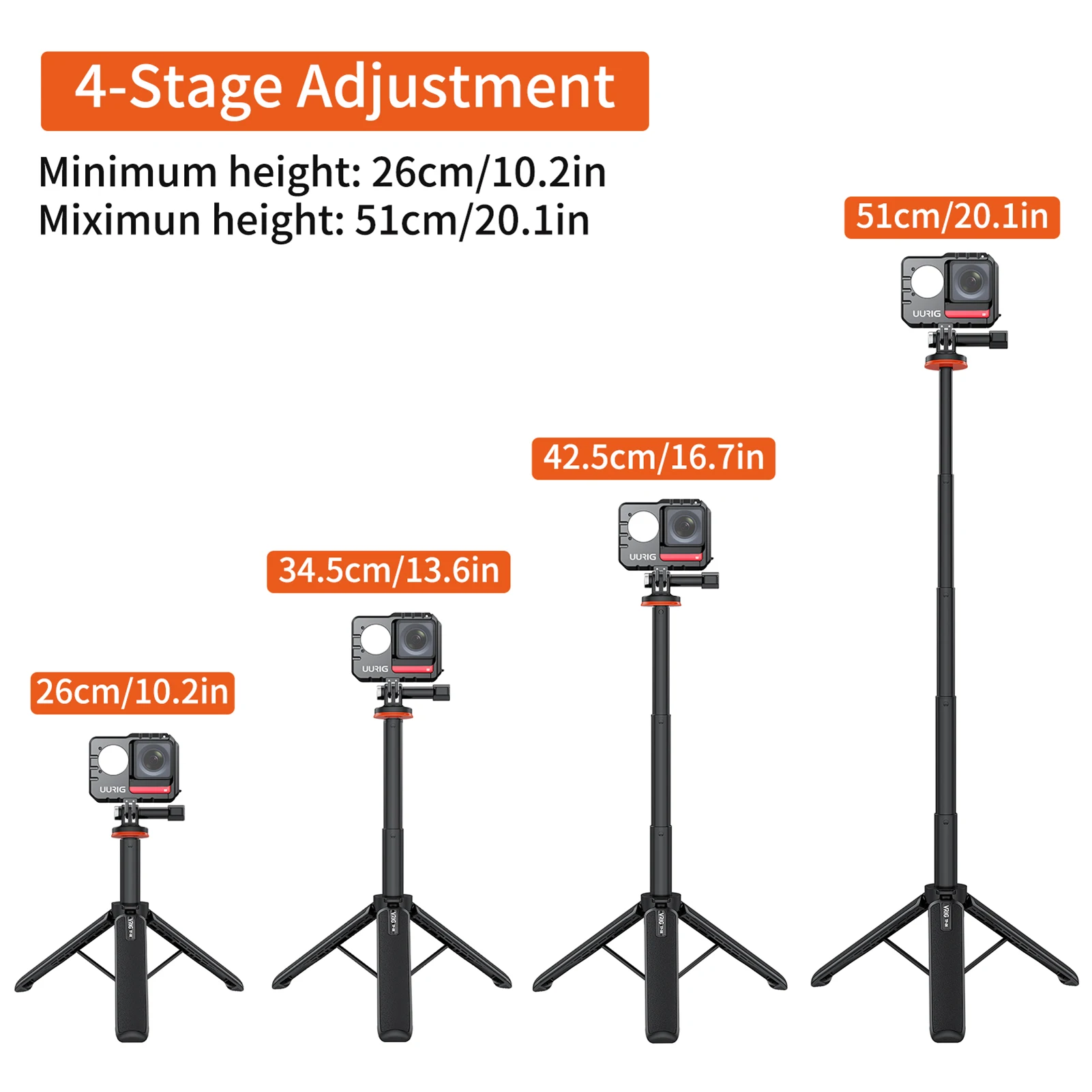 VRIG TP-08 Sports Camera Selfie Stick Tripod Stand 51cm Max. Height for GoPro 11/10/9 Vlog Live Streaming Selfie Video Recording