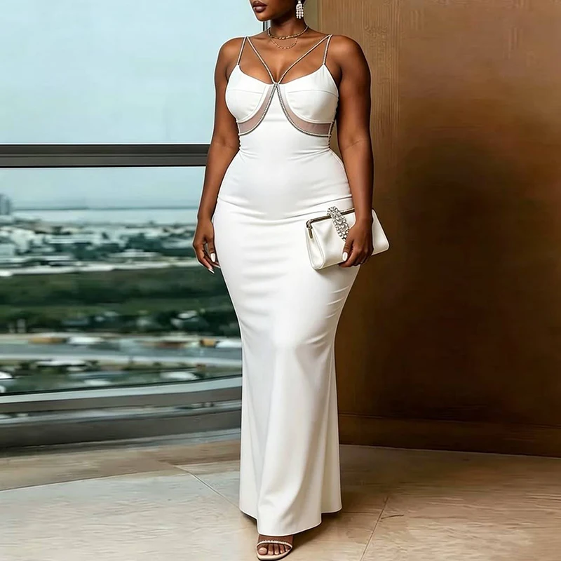 Sexy V-neck Mesh Spliced Bodycon Evening Dress Elegant Sleeveless Slim Banquet Dress Temperament High Waist Women's Party Dress