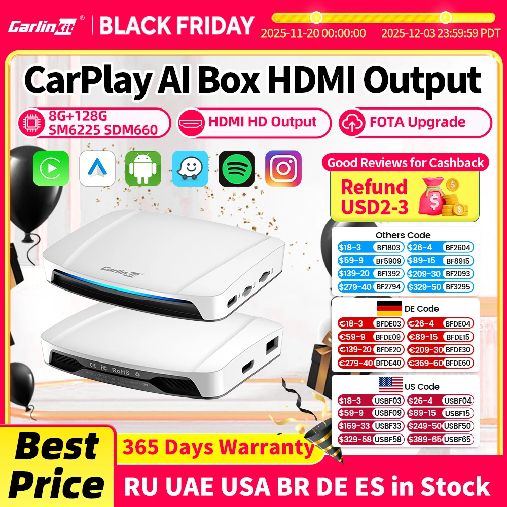 2025 CarlinKit HDMI Video Output Android 13 CarPlay AI Box SM6225 8-rdzeniowy Android Auto Bezprzewodowy CarPlay Dzielony ekran Smart TV Box