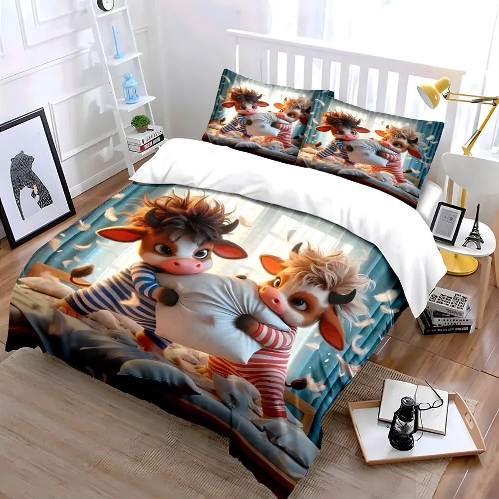 Cute calves pillow fight cartoon Printed Duvet Cover Set1 Duvet Cover+2 PillowcaseMulti Size Bedroom Bedding Decoration