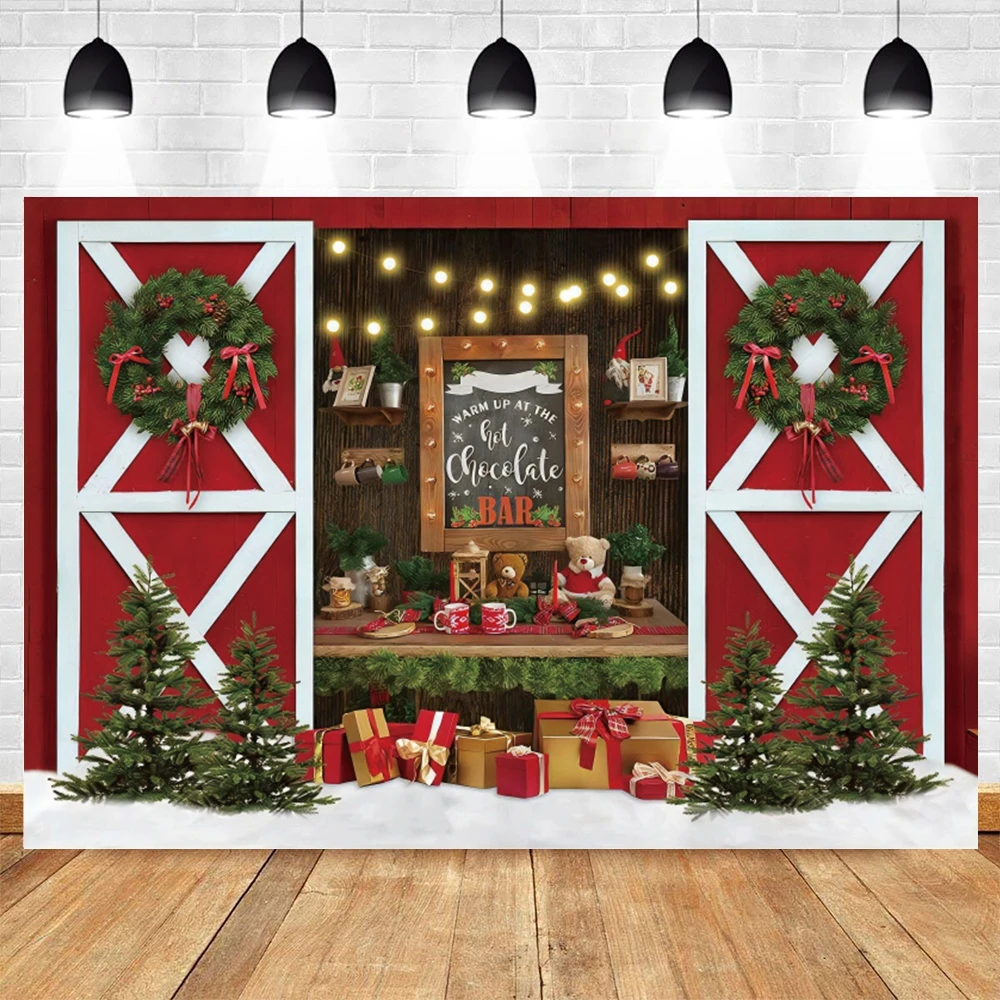 Red Christmas Photo Backdrop Santa\'s Toy Shop Candy Cane in Snow World Xmas Family Holiday Party Banner Photography Background