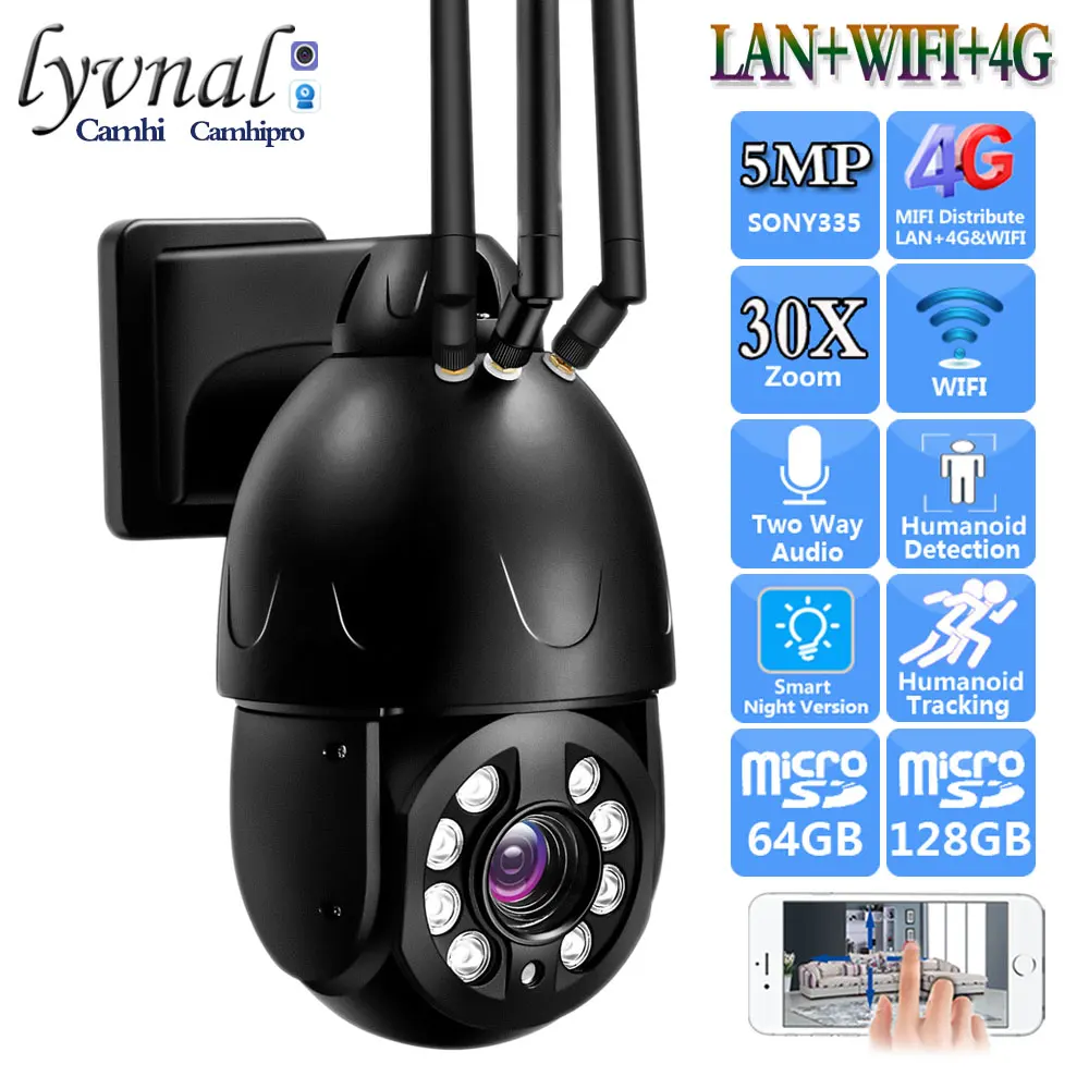 

HD 5MP Wireless Surveillance IP Camera Wifi 3G 4G SIM Card PTZ Dome 30X Zoom Human Tracking Color Night Vision Two Way Audio