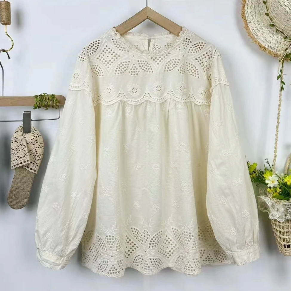 

Vintage Cotton Eyelet Lace Hollow Out Patchwork Long Sleeve Blouse Retro Chic Cottage Core Rococo Victorian Elegant Tunic Tops