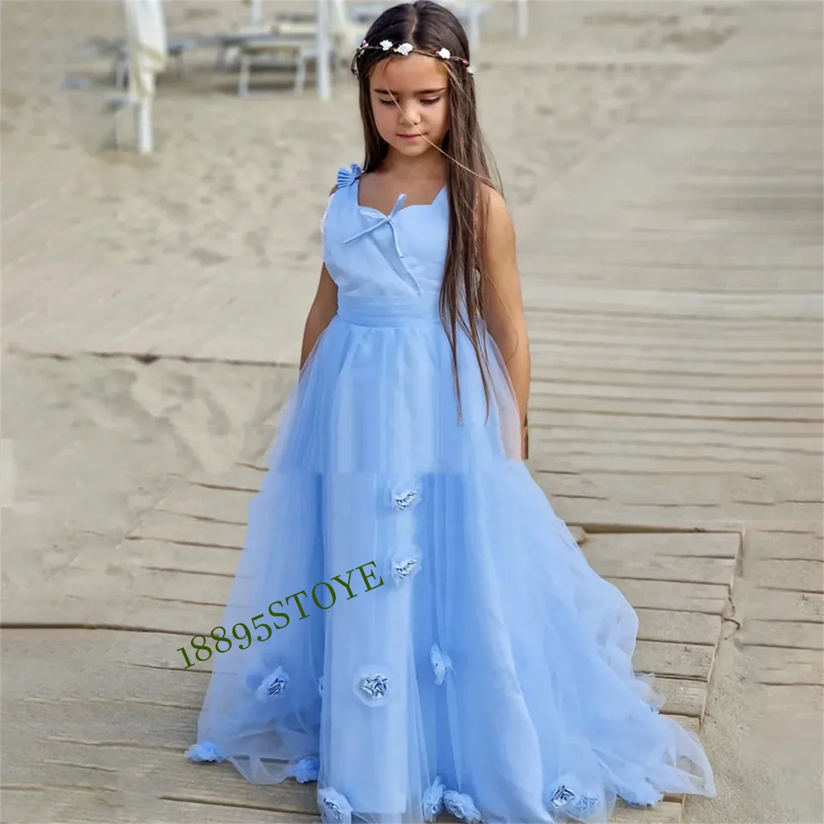 CustomizedFlower Girl Dresses 2023 Sky Blue Girls Cute Lace Dresses Formal Princess Gowns For Wedding Party Tulle Junior Bridesm