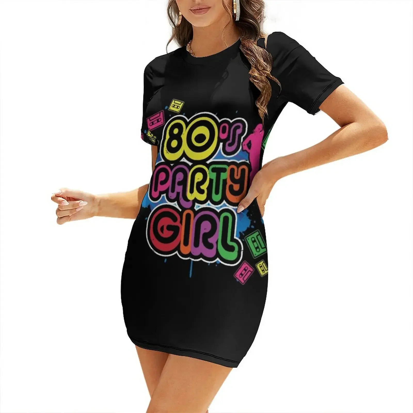 

80s Party Girl Vintage Retro Eighties Costume Short-Sleeved Dress Summer women's clothing women's evening dresses