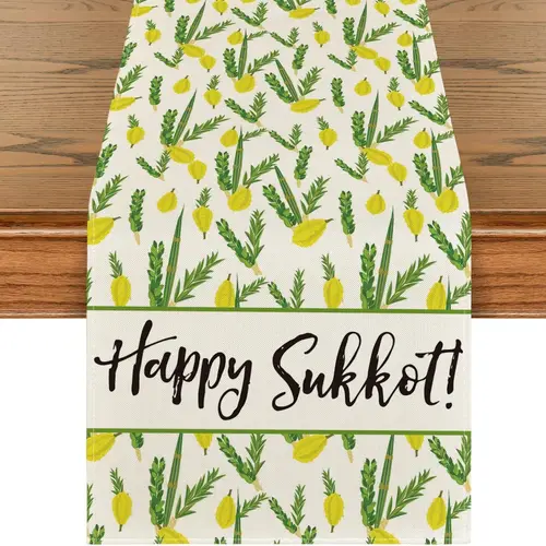 해피 Sukkot Etrog 린넨 테이블 러너 드레서 스카프, 수카 유대인 휴일 가을 수확 주방 테이블 러너 파티 장식