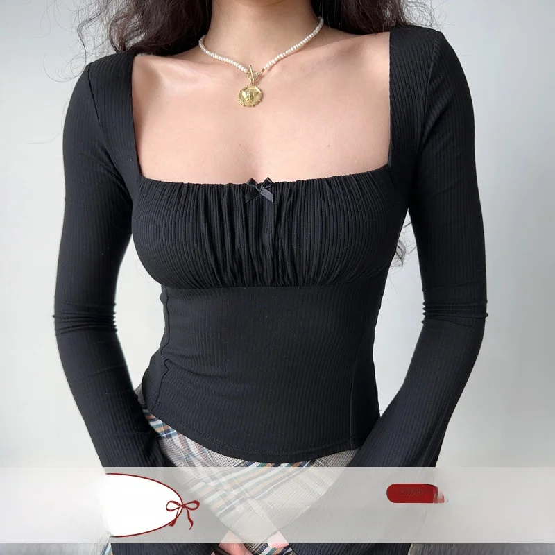 Go Girl Go Slim Fit Long Sleeve Square Neck Black T-Shirt Women's Body Shape Enhancing 3D Tailoring Comfortable Breathable