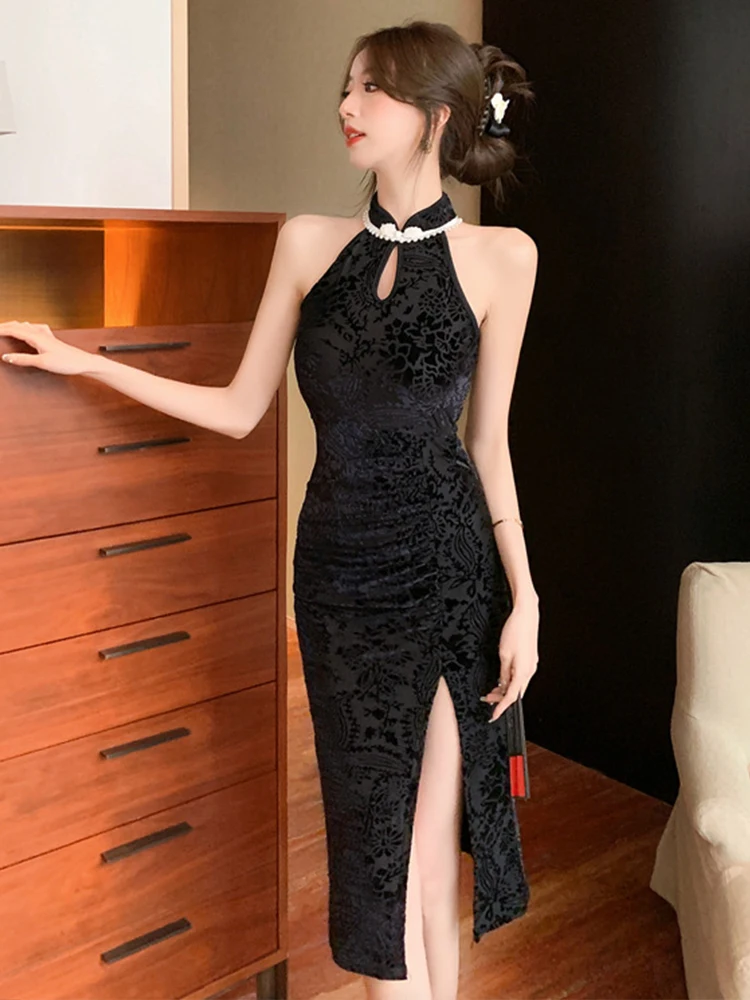 New Chinese Style Fashion Lady Black Evening Dress Women Clothing Elegant Vintage Sexy Sleeveless Slim Party Prom Vestido Fiesta