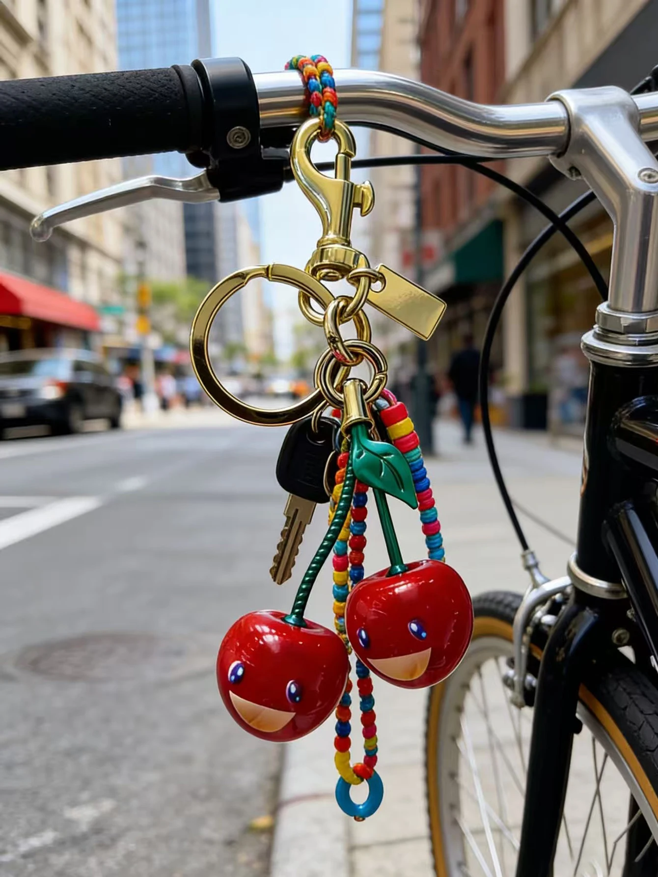 Cute Smiling Cherry Keychain - Red & Green Fruit Bag Charm with Golden Loop, Durable Resin Pendant for Women'S Purse, Backpack