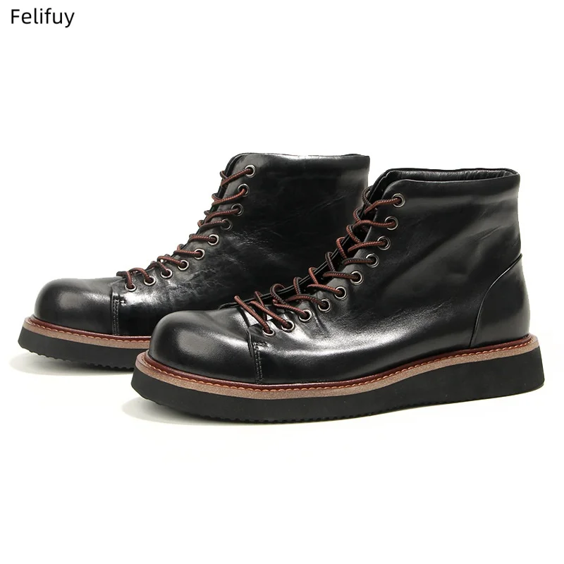 Black Retro Men's Short Boots Genuine Leather Man Ankle Boots Handmade Luxury Shoes Lace Up Cowhide Business Boots High Quality