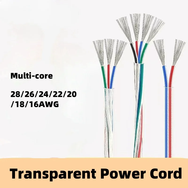 1/3/5M Transparent Power Cord 28/26/24/22/20/18/16AWG PVC Insulation Tinned Copper Cable 2 3 4 5 Cores LED Light Wire Line