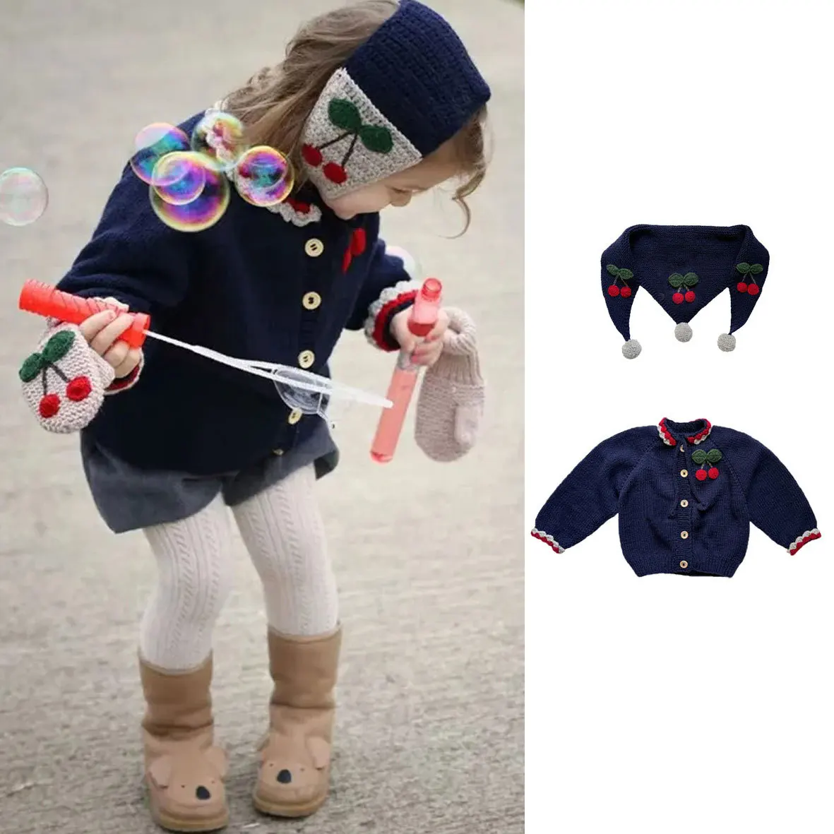 

Girls Sweater 2025 New Winter Brand Cherry Caps Baby Knitted Tops Toddler Girl Cardigan Cute Kids Outfit Sets Children Outwear