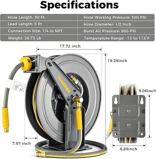GLAHODEN Double Arm Air Hose Reel 50 ft Retractable, 1/2 in Hybrid Hose Heavy  Steel Professional Air Compressor Hose Reel