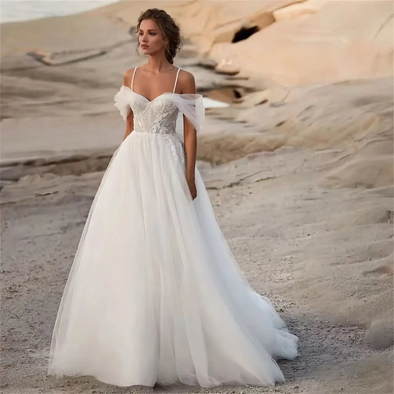 Classic A-line Tulle Wedding Dresses Lace Applique Off The Shoulder Sweetheart Pleat Bridal Gowns Vestidos De Noiva Customized