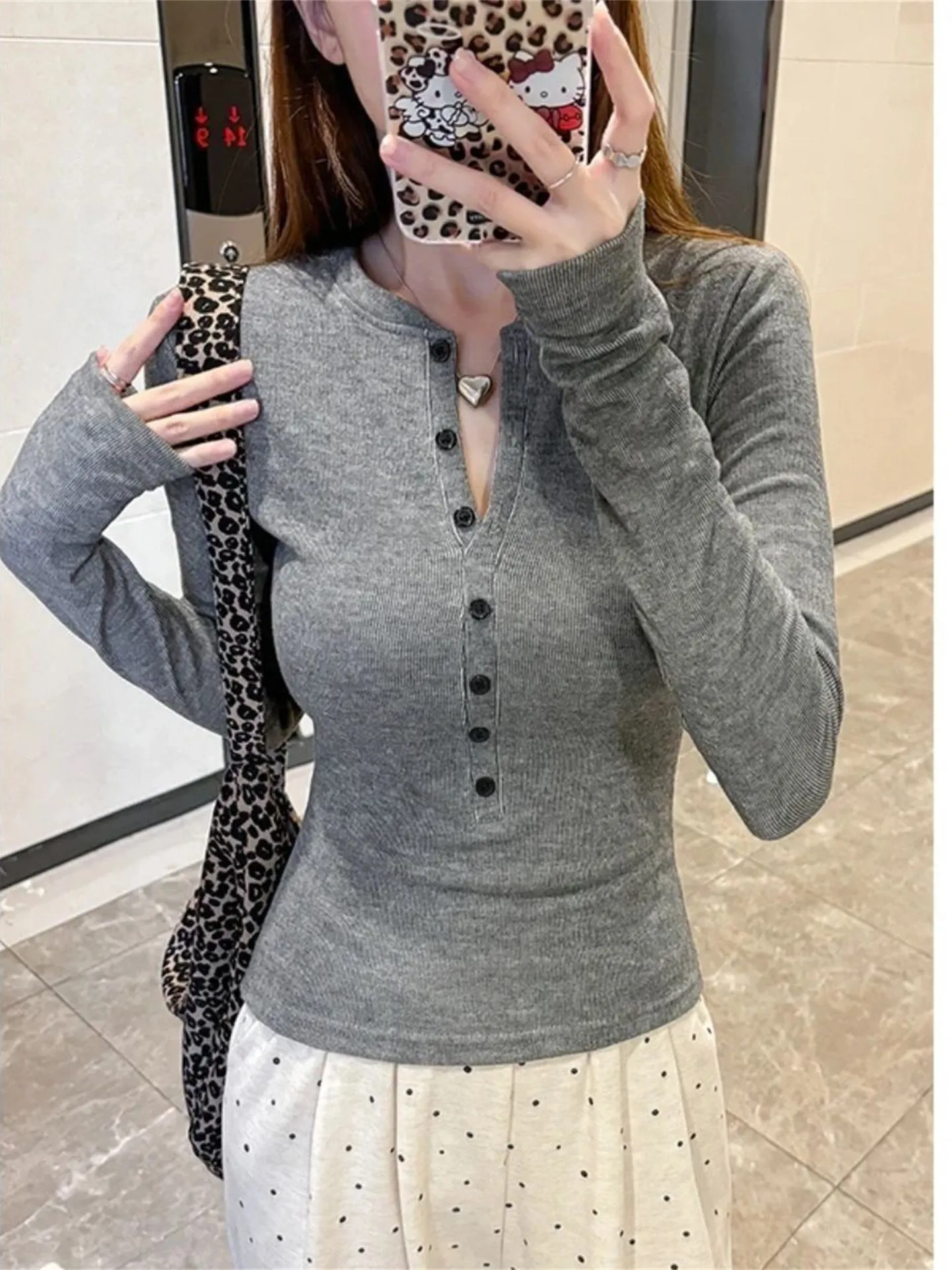 

American Sle Long Sve Fce Lined f Open Collar Women's T-irt Slim Fit Inner Wear Base Layer Commute Sle