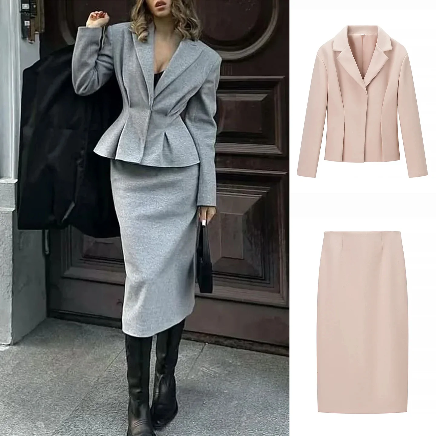 

Осенне-зимний женский модный комплект: новое пальто с отложным воротником, длинными рукавами и утягивающей талией, а также юбка А-силуэта средней длины