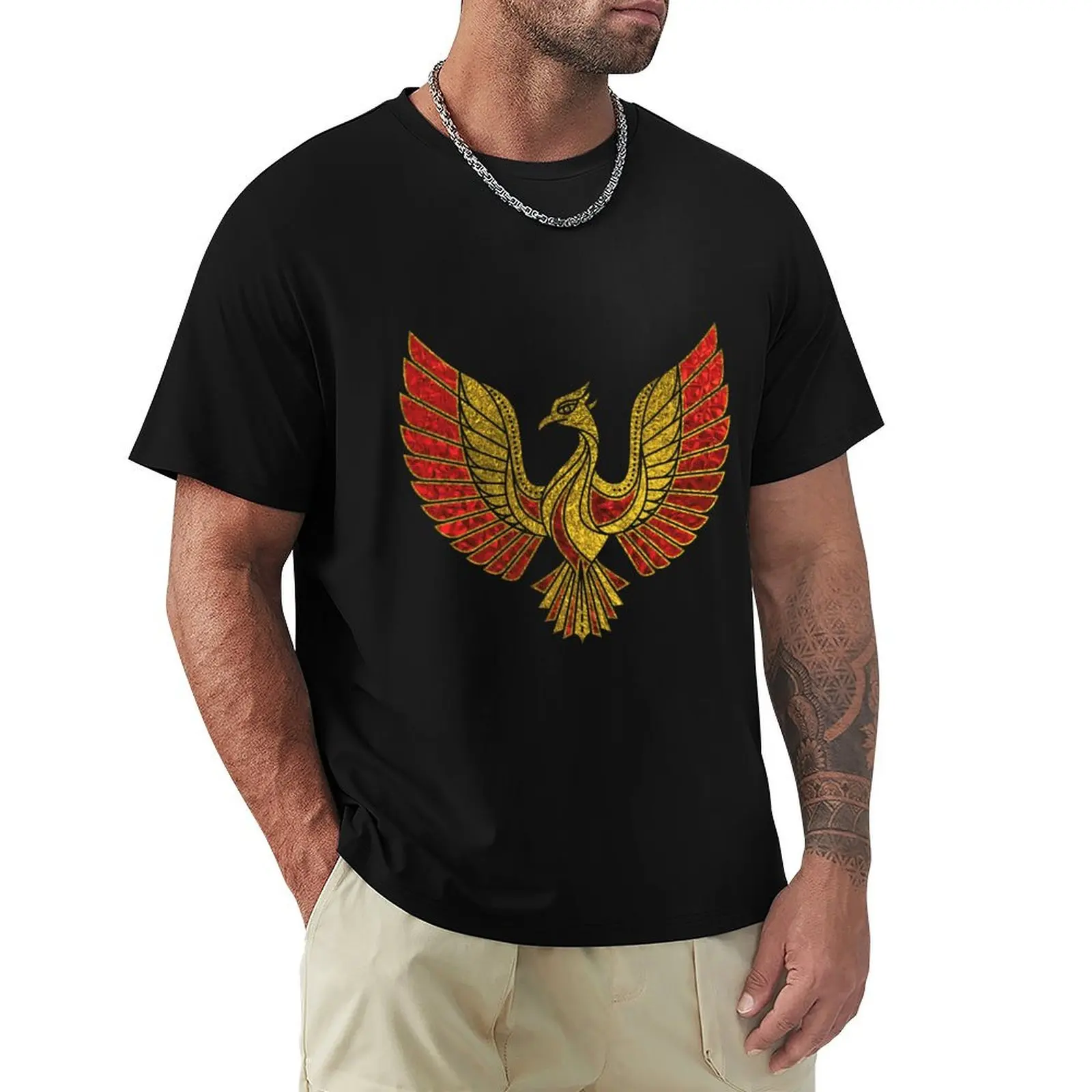 Gold and red Decorated Phoenix bird symbol T-Shirt man t shirts graphic T-Shirt