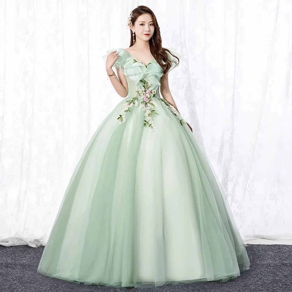 Maßgeschneiderte grüne Ballkleid-Quinceanera-Kleider, Tüll-Applikationen, Abschlussball, Geburtstagsparty-Kleider, formelle Anlässe, Vestido De 15 Jahre