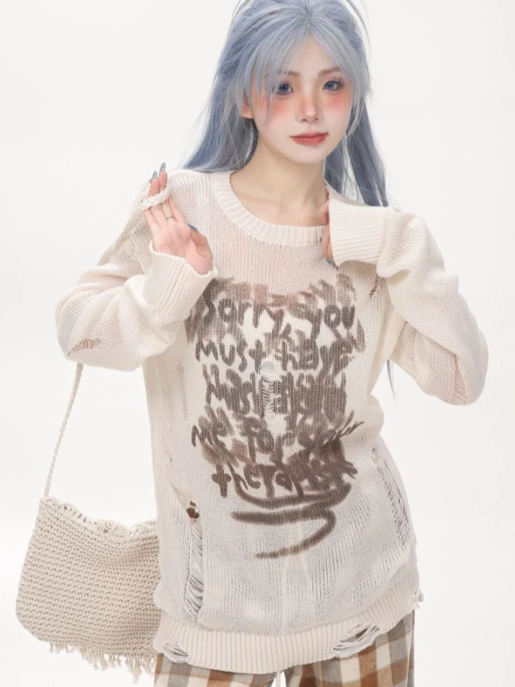 Y2k Punk Print T-shirt Grunge Esthetische Distressed Top Trashy Vintage Jaren 2000 Lange Mouw T-shirt Koreaanse Streetwear See Through Tee