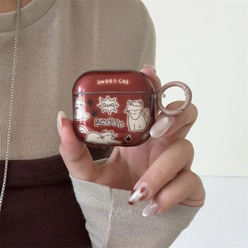 Koran Cute Cat Print Earphone Case For Apple Airpods 4 3 2 Pro 3 Cover with Hand Rope Silicone Headphone Cases For Airpod Pro3