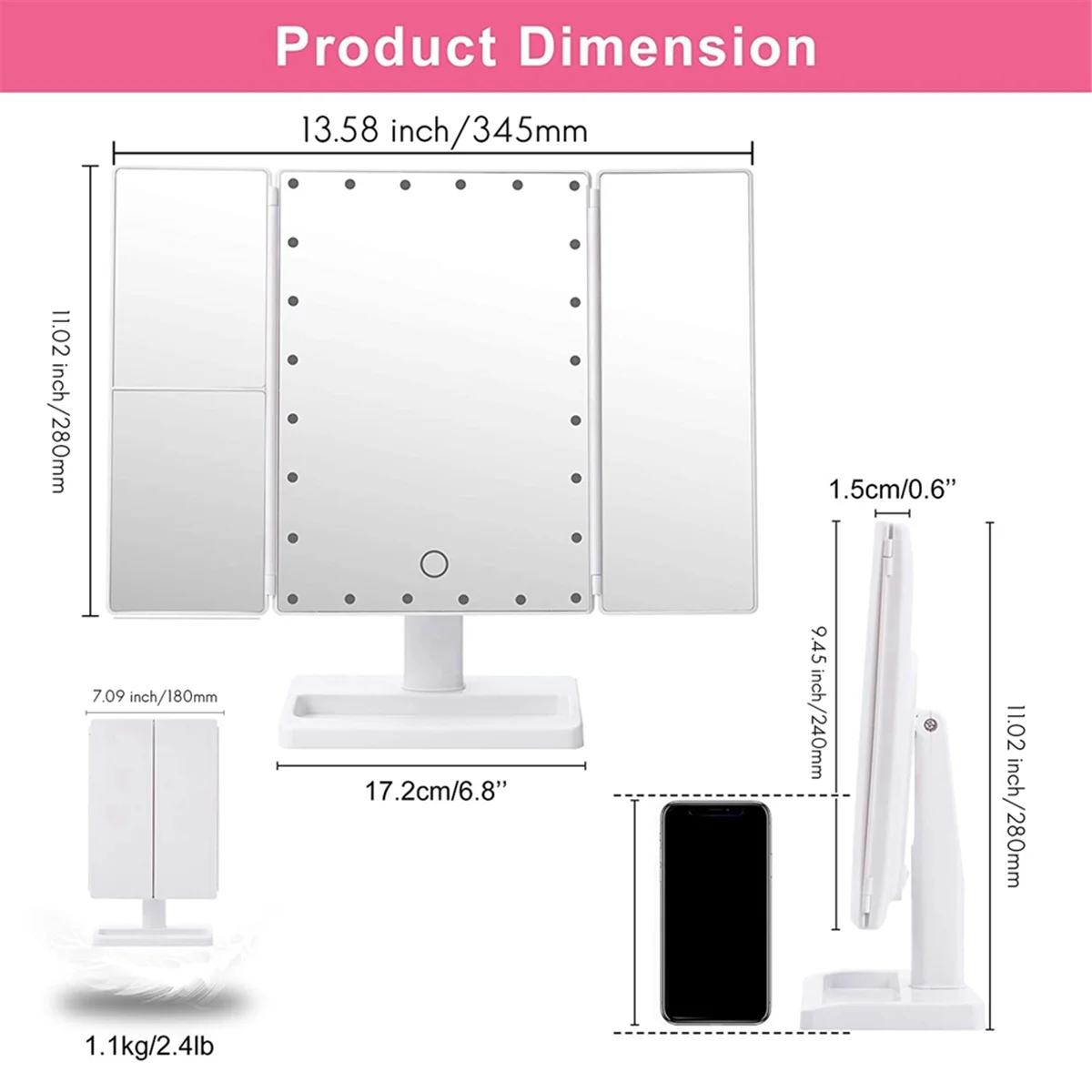 Trifold แต่งหน้ากระจก 22 ไฟ LED,10X/3X/2X การขยายแบบพกพาพับ Lighted โต๊ะกระจกเครื่องสําอาง,สีขาว