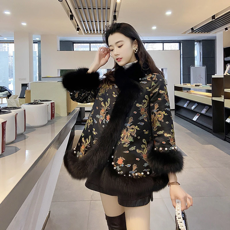 Embroidery Fur Jacket Women Faux Fox Fur Coat Office Lady Elegant Thick Warm Winter Luxury Furry Jacket 2023 Winter Outerwear