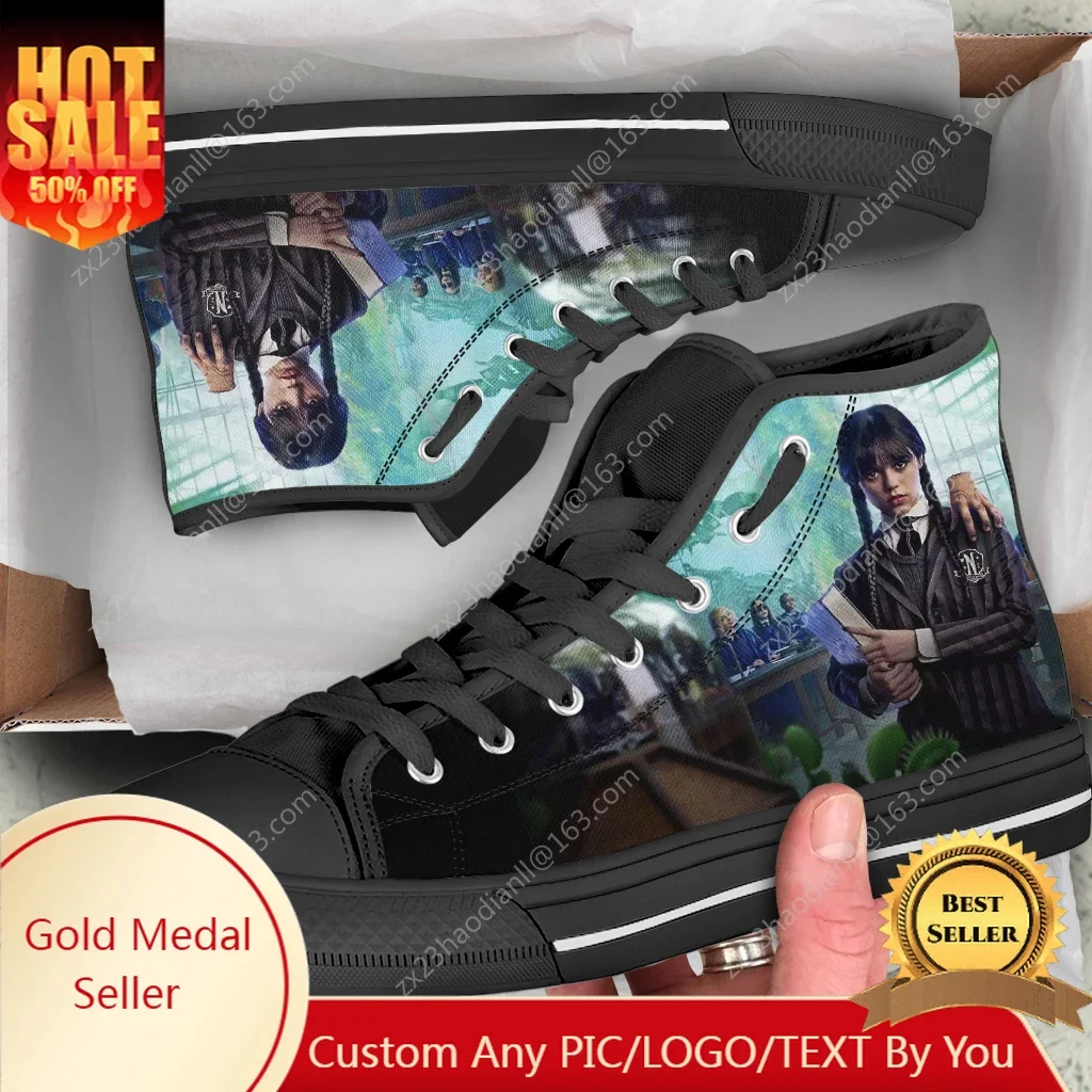 

Wednesday Addams High Top Sneakers High Quality Mens Women Teenager Canvas Sneaker Casual Couple Shoes Custom Shoe