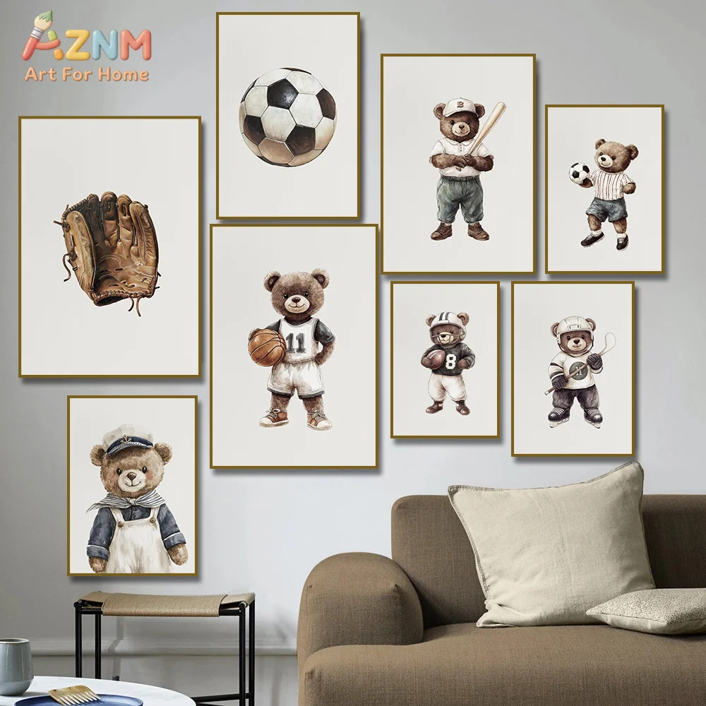 AZNM Sport Teddy Bear Football Basketball Baseball Canvas Print Unframed Wall Art Boys Nursery Kids Room Decor Poster