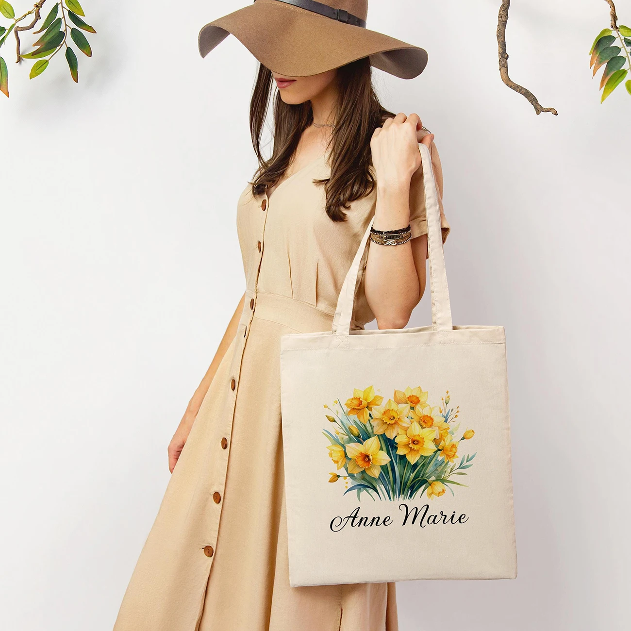 Personalized Name Daffodil Watercolor Canvas Tote Bag, Custom Floral Print Women Handbag, Casual Shoulder Shopping Bag.