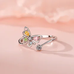 Anillo de dedo de mariposa de circón de plata esterlina 925 para mujer, anillos abiertos ajustables, joyería fina de lujo, regalo de marca