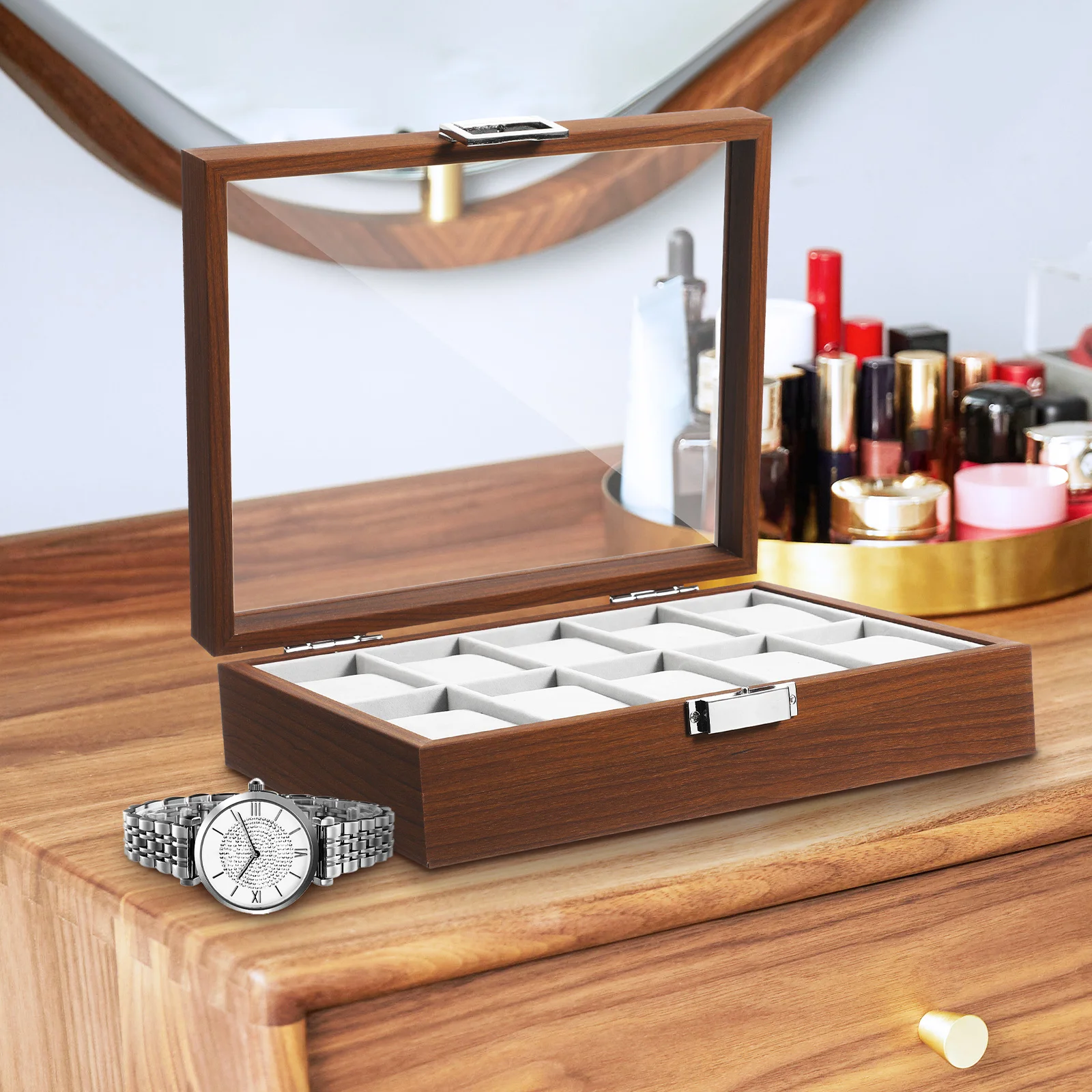 

10 Slot Walnut Wood Watch Display Box Lockable Clear Window Soft Lined Watch Storage Organizer Jewelry Holder for Gifts
