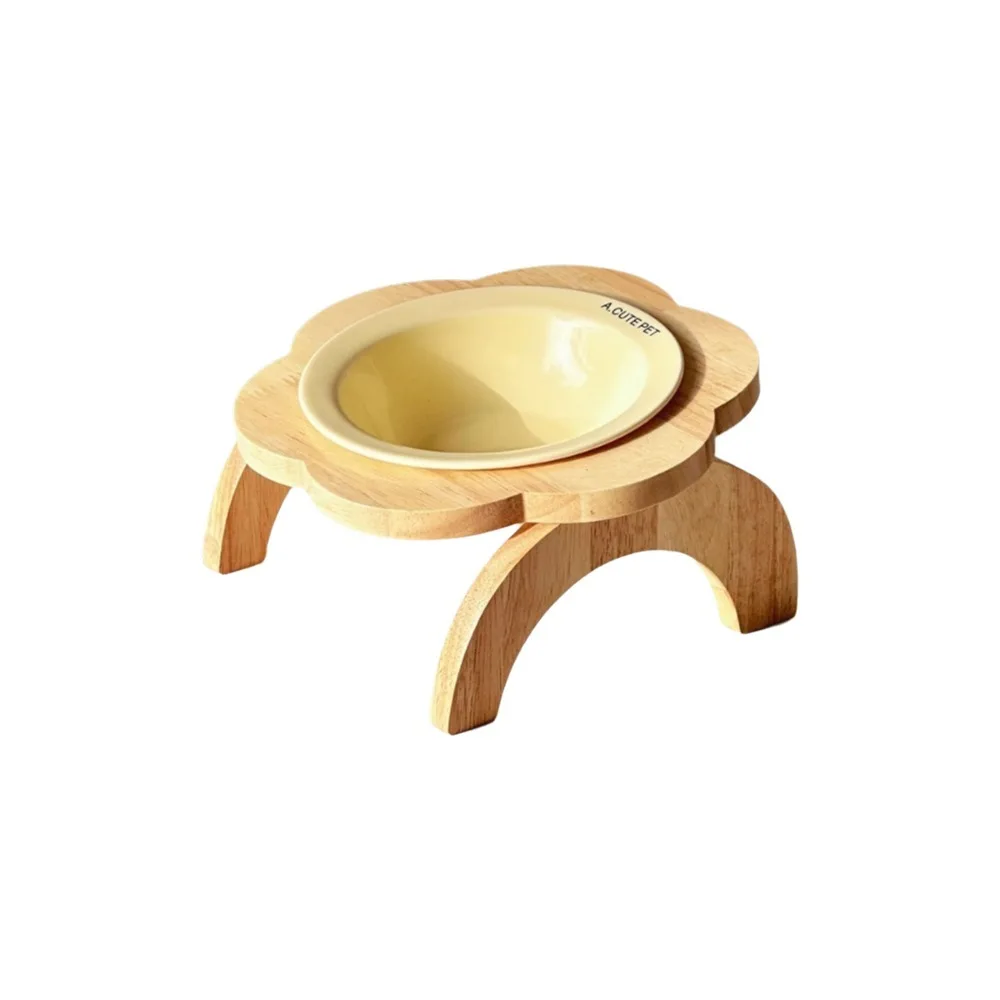 Ceramic Flower Shaped Pet Bowl Non-Slip Detachable Elevated Cat Bowl Anti-Spill with Wooden Stand Dog Feeder for Drinking Eating