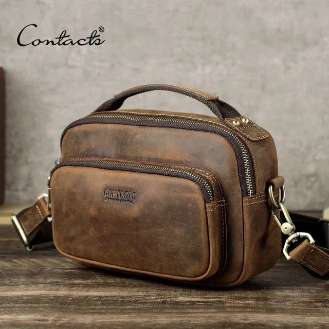 CONTACT'S oryginalne skórzane torby na ramię dla mężczyzn Vintage Messenger Bag męska torba typu Crossbody męska torba podróżna na iPada 8.3 "Mini
