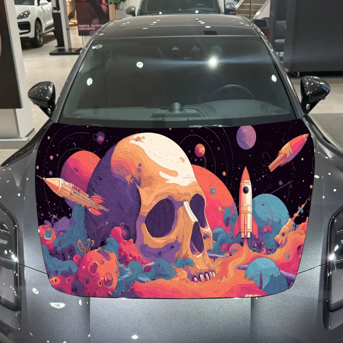 غلاف غطاء محرك السيارة على شكل جمجمة الفضاء، ملصق غطاء محرك السيارة للصاروخ والكواكب القديم، ملصق غطاء تلقائي للخيال العلمي، سيارة مقاومة للماء وذاتية اللصق #4