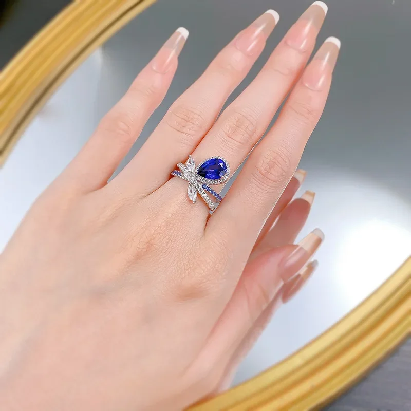 

New S925 Silver 7 * 10 Water Drop Ring Women's Red Sapphire Ring Light Luxury Fashion Jewelry