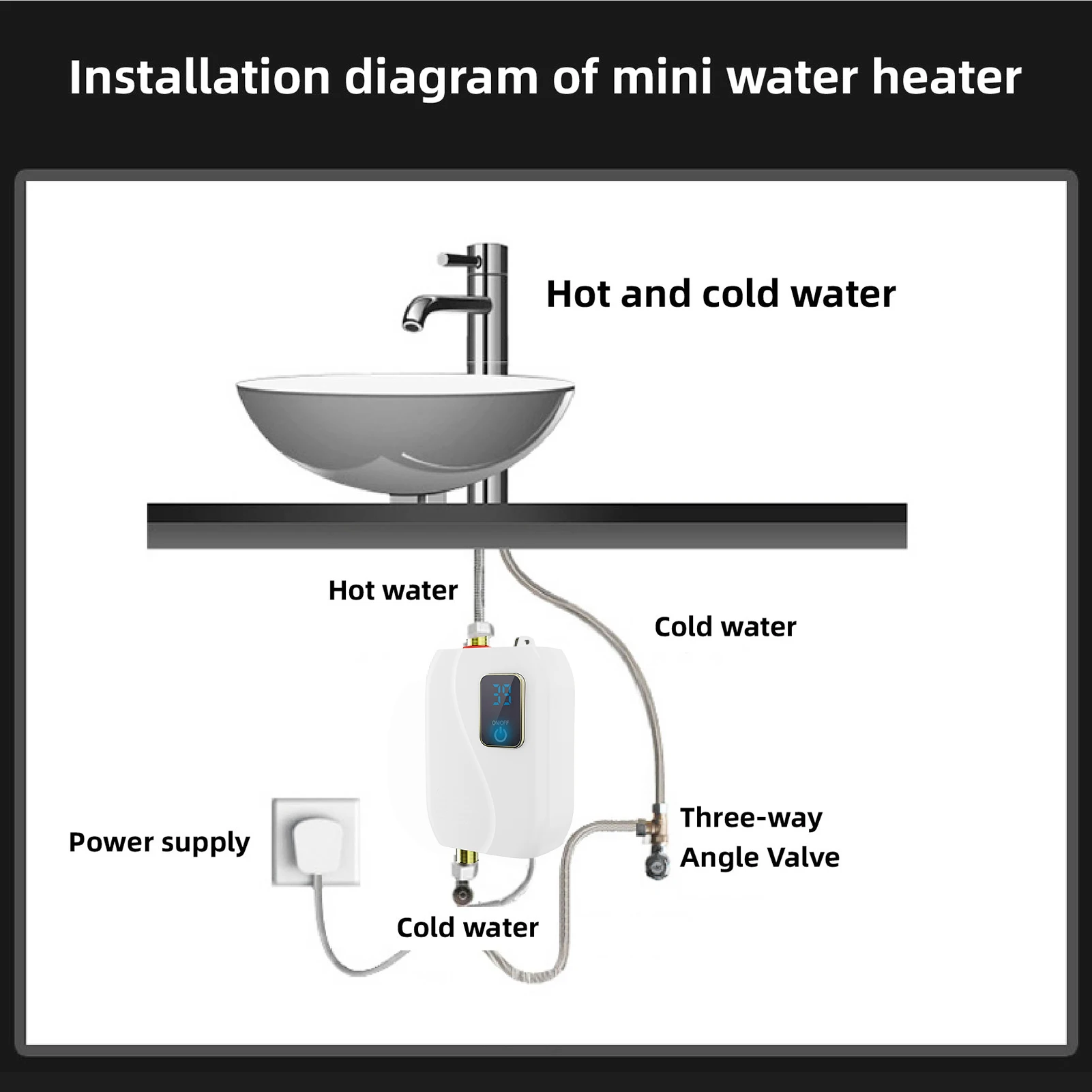 Instant Electric Water Heater 3500W Household Mini Tankless Water Heater with LCD Display for Shower Bathroom Kitchen Use