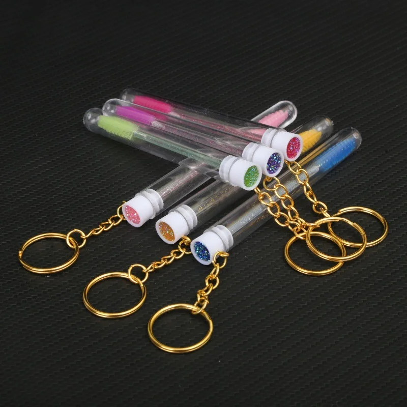 A035-10PcsTube Eyelash Brush With Gold Keychain Lash Extension Supplies DisposableEyelash Brush Brow and LashComb Make UpBrushes