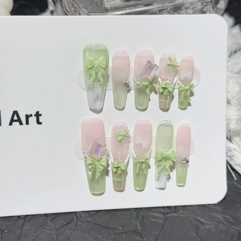

10 Pieces Summer Sweet French Cat Eye Handmade Press On Nails 3D Bow Translucent Green Guava False Nails Removable Reusable