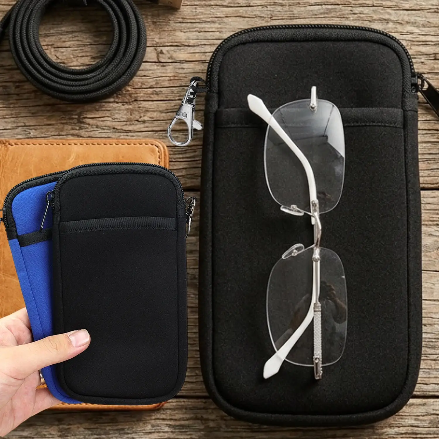 1/2Pcs Portable Zipper Soft Glasses /Smart Phone Case with Carabiner Sunglasses Case Zipper Eyeglass Pouch Protective Shell Bag view 2