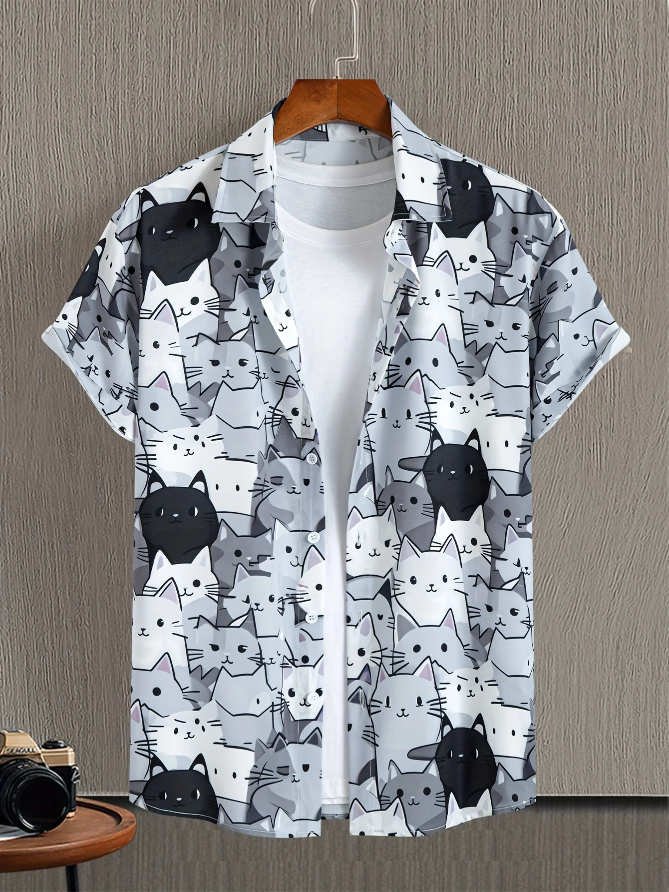 Camisa de manga curta com estampa de gato bonito havaiano, confortável, adequada para férias de verão na praia, casual, moda masculina