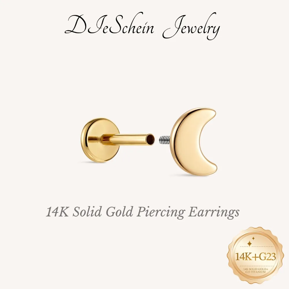 DIeSchein 14K Solid Gold Piercing Earring for Women Minimalist Flat Back Stud Earring Internal Thread Earr for Birthday Gift