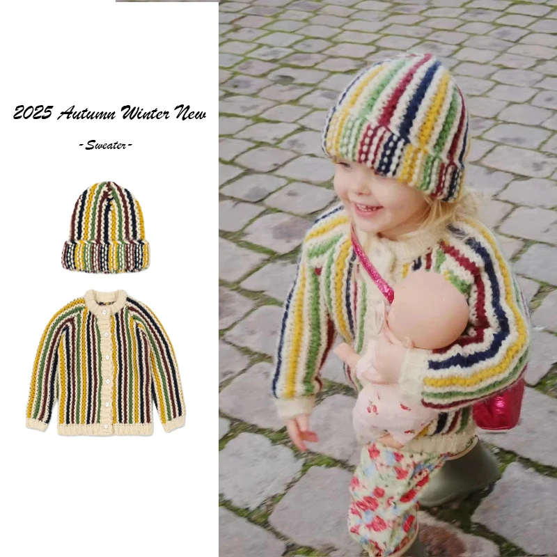 

2025 Autumn Winter NBoys' Open Collar Striped Woolen Sweater Striped Knitted Sweater Boys and Girls' Casual Top Warm Knitted Hat