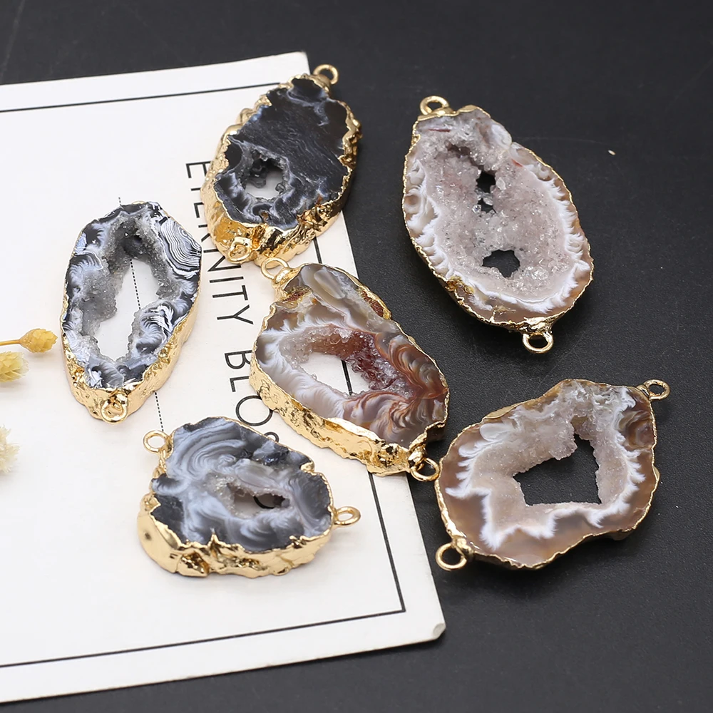 Natural Stone Pendant Irregular Marine Agate Slice Two Hole Connector Exquisite Charms For Jewelry DIY Necklace Bracelet Making