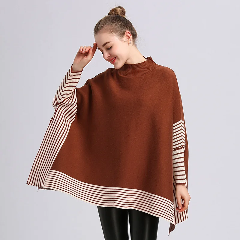 Suéter de primavera y otoño para mujer, chal tejido con tiras, manga de ala de murciélago, jersey de cuello alto, Poncho holgado para otoño e