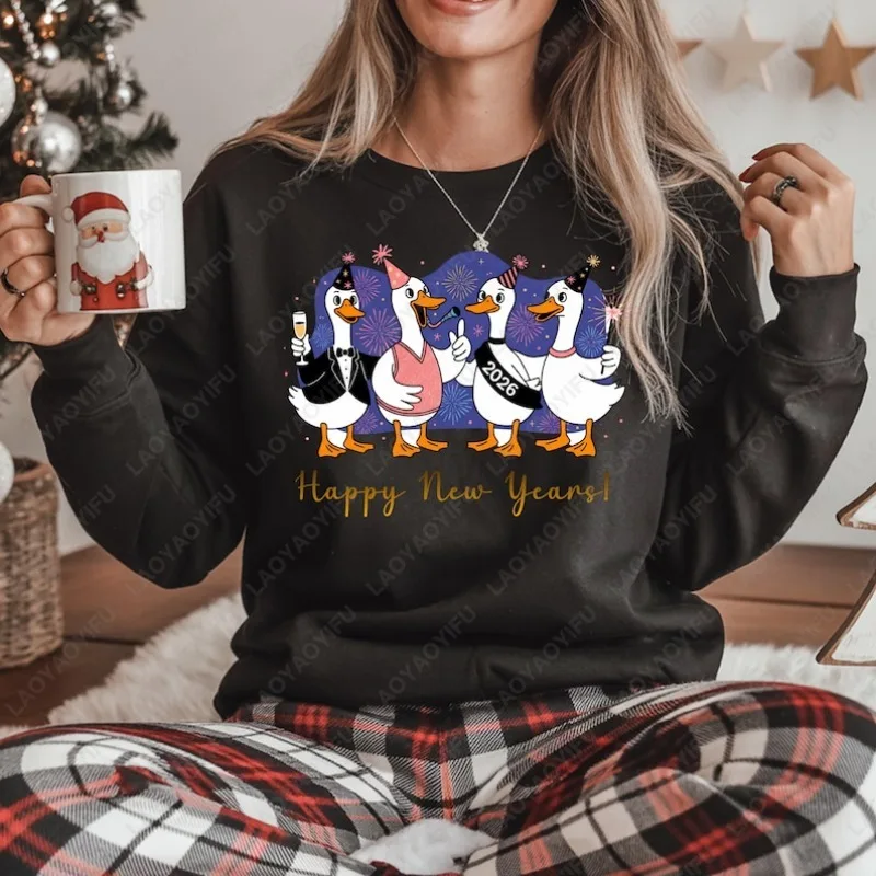 Feliz ano novo ganso moletom véspera de ano novo 2026 festa engraçado dos desenhos animados inverno pulôver champanhe bonito festival gráfico hoodie