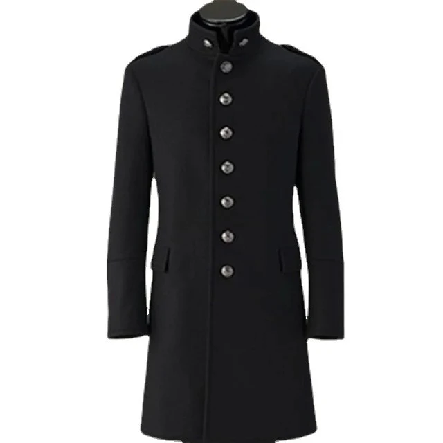German Officer Tunic Jacket Men's Militar Style Wool Overcoat Winter Stand Collar Long Coat Vintage Gothic Slim Fit Black