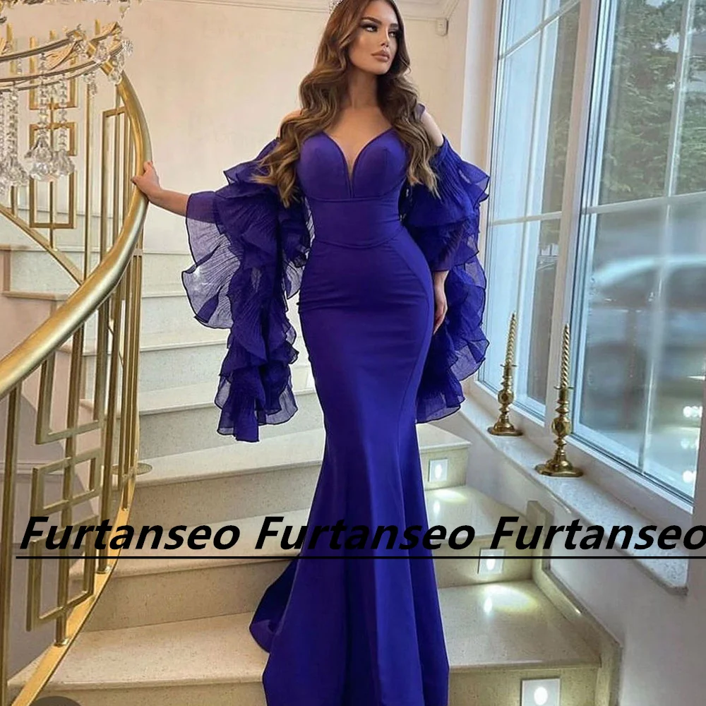 

Mermaid Evening Gown Spaghetti Strap Ruffle V-Neck Draped Backless Off The Shoulder Sexy Jersey Saudi Arabia Vestidos De Gala